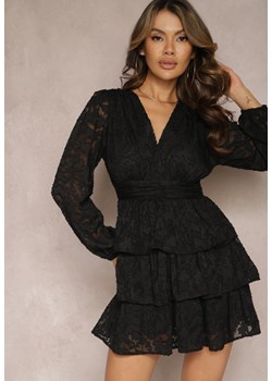 Czarna Mini Sukienka o Rozkloszowanym Kroju z Falbankami i Marszczeniami Sealine ze sklepu Renee odzież w kategorii Sukienki - zdjęcie 169245220