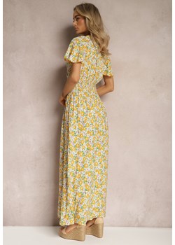 Biało-Żółta Rozkloszowana Sukienka Maxi z Wiskozy w Kwiaty z Kopertowym Dekoltem Tiantia ze sklepu Renee odzież w kategorii Sukienki - zdjęcie 169245572