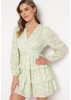 Jasnozielona Rozkloszowana Sukienka Mini z Marszczeniami i Falbankami Lanevin ze sklepu Born2be Odzież w kategorii Sukienki - zdjęcie 169317551