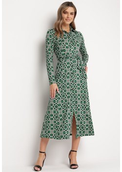 Zielona Taliowana Sukienka Maxi z Materiałowym Paskiem w Geometryczny Print Filint ze sklepu Born2be Odzież w kategorii Sukienki - zdjęcie 169317633