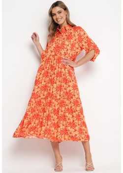 Pomarańczowa Sukienka Maxi w Kwiatowy Wzór z Koszulową Górą Lithaia ze sklepu Born2be Odzież w kategorii Sukienki - zdjęcie 169317713