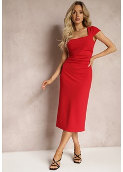 Czerwona Midi Sukienka z Kwadratowym Dekoltem Linerana ze sklepu Renee odzież w kategorii Sukienki - zdjęcie 169317921