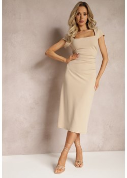 Beżowa Midi Sukienka z Kwadratowym Dekoltem Linerana ze sklepu Renee odzież w kategorii Sukienki - zdjęcie 169317931