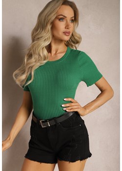 Zielony T-shirt z Prążkowanej Dzianiny o Krótkim Kroju Poutia ze sklepu Renee odzież w kategorii Bluzki damskie - zdjęcie 169321711