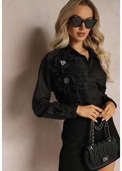 Czarna Koszula z Aplikacjami w Kształcie Kwiatów z Cyrkoniami i Falbanką Loralei ze sklepu Renee odzież w kategorii Koszule damskie - zdjęcie 169321761