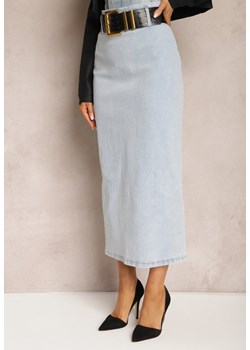 Jasnoniebieska Jeansowa Spódnica Midi Bawełniana z Ażurowym Paskiem i Klamrą Allerio ze sklepu Renee odzież w kategorii Spódnice - zdjęcie 169321774