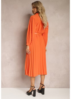 Pomarańczowa Rozkloszowana Sukienka Midi z Guzikami i Paskiem Ozdobiona Plisowaniem Lathori ze sklepu Renee odzież w kategorii Sukienki - zdjęcie 169321813