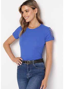 Niebieski Bawełniany T-shirt z Ażurową Wstawką Elvinna ze sklepu Born2be Odzież w kategorii Bluzki damskie - zdjęcie 169322823