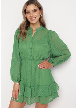 Zielona Rozkloszowana Sukienka Mini z Bufiastymi Rękawami i Falbanką Illathi ze sklepu Born2be Odzież w kategorii Sukienki - zdjęcie 169322870