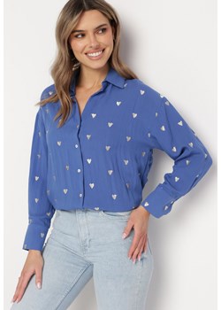Niebieska Bawełniana Koszula z Lnem o Klasycznym Fasonie Tallriel ze sklepu Born2be Odzież w kategorii Koszule damskie - zdjęcie 169323144