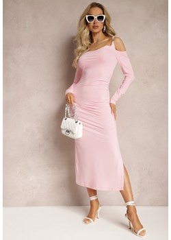 Różowa Sukienka Open Shoulder Ozdobiona Biżuteryjną Klamrą i Drapowaniem Velvia ze sklepu Renee odzież w kategorii Sukienki - zdjęcie 169374963