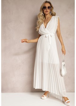 Biała Wiskozowa Sukienka Maxi z Plisowaniem o Rozkloszowanym Kroju i Kopertowym Dekolcie Fliceris ze sklepu Renee odzież w kategorii Sukienki - zdjęcie 169394810