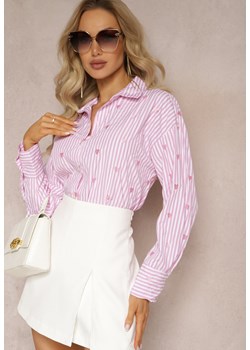 Różowa Koszula z Bawełny w Paski z Wyhaftowanymi Serduszkami Aleriesa ze sklepu Renee odzież w kategorii Koszule damskie - zdjęcie 169394900