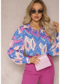 Niebiesko-Różowa Luźna Koszula ze Wzorem Etno i Bufiastymi Rękawami Kaelith ze sklepu Renee odzież w kategorii Koszule damskie - zdjęcie 169394920
