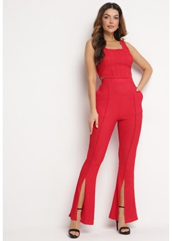 Czerwony Elegancki Komplet Prążkowany z Topem i Spodniami Dzwony Laneri ze sklepu Born2be Odzież w kategorii Komplety i garnitury damskie - zdjęcie 169404020
