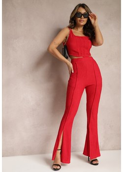 Czerwony Prążkowany Komplet Top i Spodnie Dzwony Leria ze sklepu Renee odzież w kategorii Komplety i garnitury damskie - zdjęcie 169404040