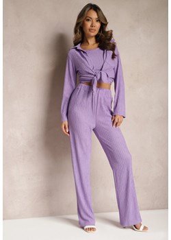 Fioletowy 3-częściowy Plisowany Komplet z Topem Koszulą i Spodniami Vinett ze sklepu Renee odzież w kategorii Komplety i garnitury damskie - zdjęcie 169420024