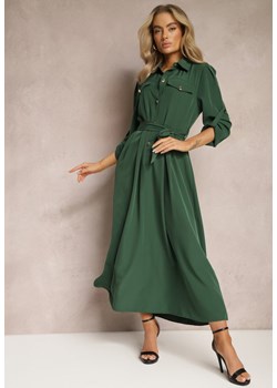 Ciemnozielona Długa Sukienka z Rozkloszowanym Dołem i Koszulową Górą Kitesi ze sklepu Renee odzież w kategorii Sukienki - zdjęcie 169421252