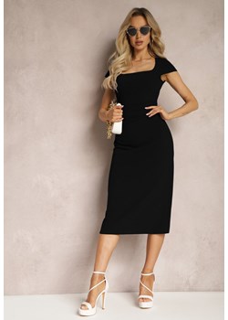 Czarna Midi Sukienka z Kwadratowym Dekoltem Linerana ze sklepu Renee odzież w kategorii Sukienki - zdjęcie 169431311