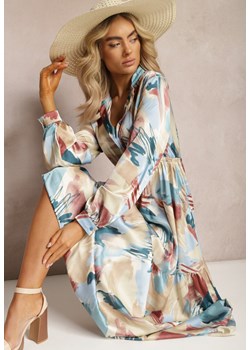 Niebiesko-Beżowa Sukienka z Koszulową Górą i Rozkloszowanym Dołem Maxi Afalia ze sklepu Renee odzież w kategorii Sukienki - zdjęcie 169431410