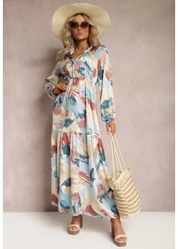 Niebiesko-Beżowa Sukienka z Koszulową Górą i Rozkloszowanym Dołem Maxi Afalia ze sklepu Renee odzież w kategorii Sukienki - zdjęcie 169431411