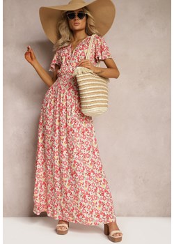 Biało-Różowa Rozkloszowana Sukienka Maxi z Wiskozy w Kwiaty z Kopertowym Dekoltem Tiantia ze sklepu Renee odzież w kategorii Sukienki - zdjęcie 169431450