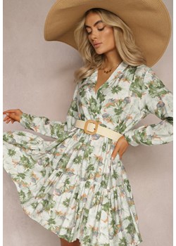 Beżowo-Zielona Sukienka Mini w Kwiatowy Wzór z Szeroką Falbanką na Dole Faeyra ze sklepu Renee odzież w kategorii Sukienki - zdjęcie 169431530