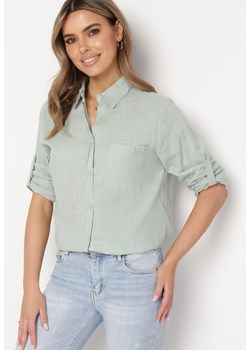 Jasnozielona Klasyczna Koszula z Bawełną i Lnem Vilenna ze sklepu Born2be Odzież w kategorii Koszule damskie - zdjęcie 169431894
