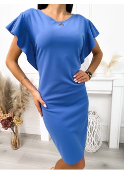 Niebieska Sukienka z Ozdobnym Rękawem ze sklepu ModnaKiecka.pl w kategorii Sukienki - zdjęcie 169440861