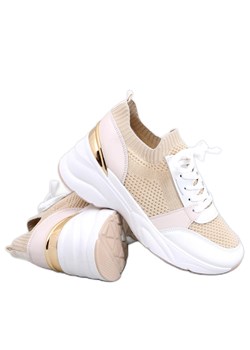 Sneakersy na koturnie Davis Beige beżowy ze sklepu ButyModne.pl w kategorii Buty sportowe damskie - zdjęcie 169445850