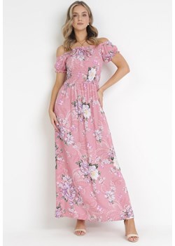 Różowa Sukienka Maxi w Kwiaty z Ozdobnym Wiązaniem przy Dekolcie i Krótkimi Rękawami Paninthe ze sklepu Born2be Odzież w kategorii Sukienki - zdjęcie 169451022
