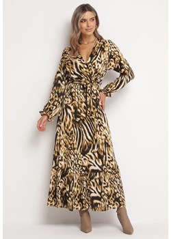 Brązowa Rozkloszowana Sukienka Maxi z Wiązanym Paskiem Saben ze sklepu Born2be Odzież w kategorii Sukienki - zdjęcie 169451512
