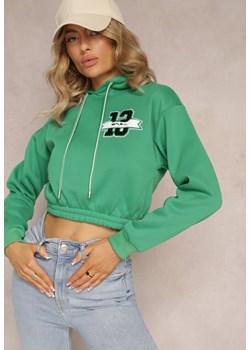 Zielona Krótka Bluza z Kapturem Ściągaczami i Ozdobnym Nadrukiem Relis ze sklepu Renee odzież w kategorii Bluzy damskie - zdjęcie 169451971