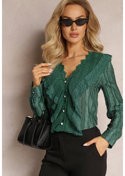 Zielona Koszula z Koronką Falbankami i Perłowymi Guzikami Wildberg ze sklepu Renee odzież w kategorii Koszule damskie - zdjęcie 169452041