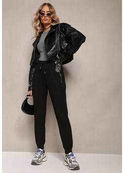 Czarne Dresowe Spodnie Bawełniane Joggery z Kieszeniami na Suwaki Bieitta ze sklepu Renee odzież w kategorii Spodnie damskie - zdjęcie 169452061
