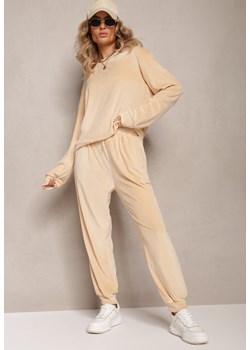 Beżowy Welurowy Komplet Dresowy z Bluzą i Spodniami Joggerami Mafira ze sklepu Renee odzież w kategorii Dresy damskie - zdjęcie 169452121