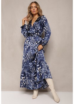Granatowo-Niebieska Rozkloszowana Sukienka z Gumką w Talii i Kopertowym Dekoltem Janiis ze sklepu Renee odzież w kategorii Sukienki - zdjęcie 169452264
