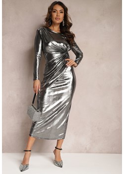 Srebrna Sukienka Maxi z Metalicznej Nici z Drapowaniem i Rozcięciem Mistara ze sklepu Renee odzież w kategorii Sukienki - zdjęcie 169452351