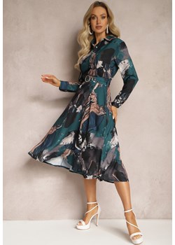 Ciemnoszara Rozkloszowana Sukienka Midi z Paskiem z Klamrą Qirvina ze sklepu Renee odzież w kategorii Sukienki - zdjęcie 169456730