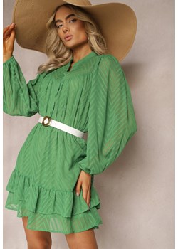 Zielona Sukienka Mini w Skośne Paski o Rozkloszowanym Fasonie z Gumką w Talii Tennari ze sklepu Renee odzież w kategorii Sukienki - zdjęcie 169456780