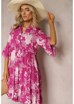 Fuksjowa Rozkloszowana Sukienka Midi z Wiskozy w Kwiaty z Falbanką Vanreils ze sklepu Renee odzież w kategorii Sukienki - zdjęcie 169456902