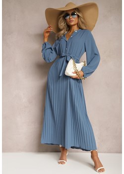 Niebieska Rozkloszowana Sukienka Maxi Plisowana Wiązana w Pasie Terilla ze sklepu Renee odzież w kategorii Sukienki - zdjęcie 169468944