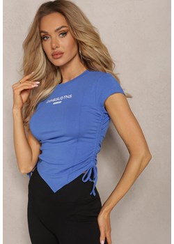 Niebieski T-shirt Wiskozowy z Troczkami po Bokach i Ozdobnym Napisem Hobora ze sklepu Renee odzież w kategorii Bluzki damskie - zdjęcie 169468954