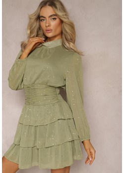 Zielona Koktajlowa Sukienka z Falbankami i Błyszczącym Nadrukiem Merrinda ze sklepu Renee odzież w kategorii Sukienki - zdjęcie 169469004