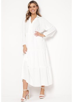 Biała Sukienka Maxi Rozkloszowana z Kołnierzykiem i Falbankami Eweneme ze sklepu Born2be Odzież w kategorii Sukienki - zdjęcie 169471104
