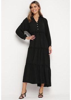 Czarna Sukienka Maxi Rozkloszowana z Kołnierzykiem i Falbankami Eweneme ze sklepu Born2be Odzież w kategorii Sukienki - zdjęcie 169471111