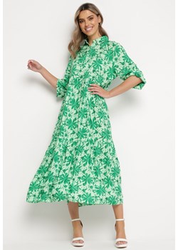 Zielona Sukienka Maxi w Kwiatowy Wzór z Koszulową Górą Lithaia ze sklepu Born2be Odzież w kategorii Sukienki - zdjęcie 169471202