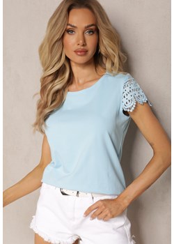 Jasnoniebieski T-shirt z Bawełny Ozdobiony Cekinami i Koronką Alessme ze sklepu Renee odzież w kategorii Bluzki damskie - zdjęcie 169496591