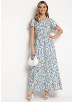 Biało-Niebieska Wiskozowa Sukienka Maxi w Kwiaty Rozkloszowana z Kopertowym Dekoltem Monilia ze sklepu Born2be Odzież w kategorii Sukienki - zdjęcie 169497134
