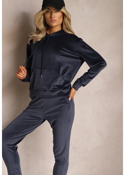 Granatowy Welurowy Komplet Dresowy Bluza z Kapturem i Spodnie Vilna ze sklepu Renee odzież w kategorii Dresy damskie - zdjęcie 169503971